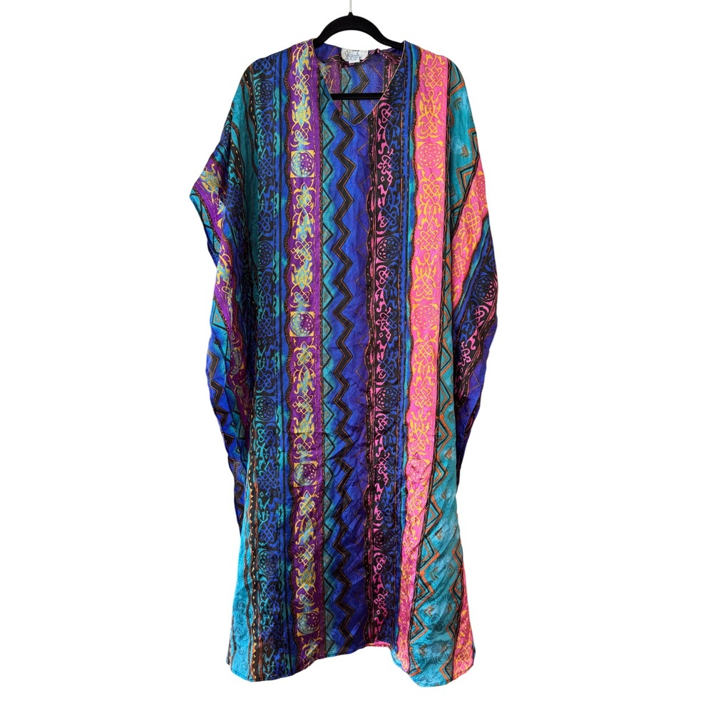 Vintage Multicolor Tribal‎ Geometric Caftan Satin Lounge Robe Hostess Gown OS